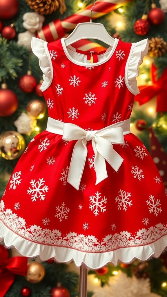 A festive red Christmas dress for a baby with snowflakes and a bow, surrounded by holiday decorations.